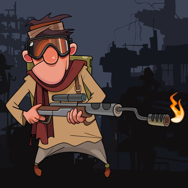 cartoon soldier with flamethrower on the background of ruins cartoon soldier in cyberpunk style with flamethrower on the background of ruins grand singe stock illustrations