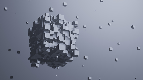 Gray cubes flying. Abstract art, 3d render.
