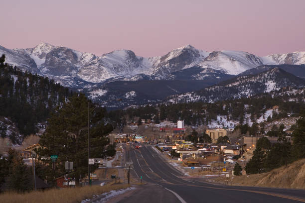 Sunrise Continental Divide Rocky Mountain National Park downtown Estes Park Colorado stock photo