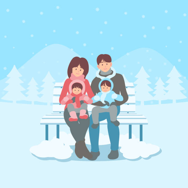 ilustrações, clipart, desenhos animados e ícones de família feliz no banco na paisagem do inverno - bench mountain park sitting