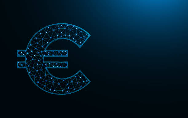 ilustrações de stock, clip art, desenhos animados e ícones de euro symbol low poly design, currency in polygonal style, money sign wireframe vector illustration made from points and lines on dark blue background - euro symbol