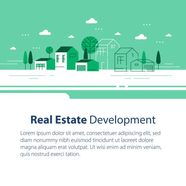 Vector illustration of Real estate development, residential building, modern minimalist architecture, house construction, green neighborhood