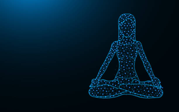 istock Woman sitting in lotus position low poly icon, Yoga wireframe mesh polygonal vector illustration made from points and lines on dark blue background 1191081086