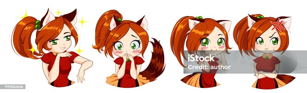 Ilustración de Bonita Chica Neko Anime Con El Pelo Rojo Y Los Ojos Verdes Gato  Orejas Y Cola Diferentes Emociones Divertidas Establecidas Se Puede  Utilizar Para Emoji Avatar Etc y más Vectores