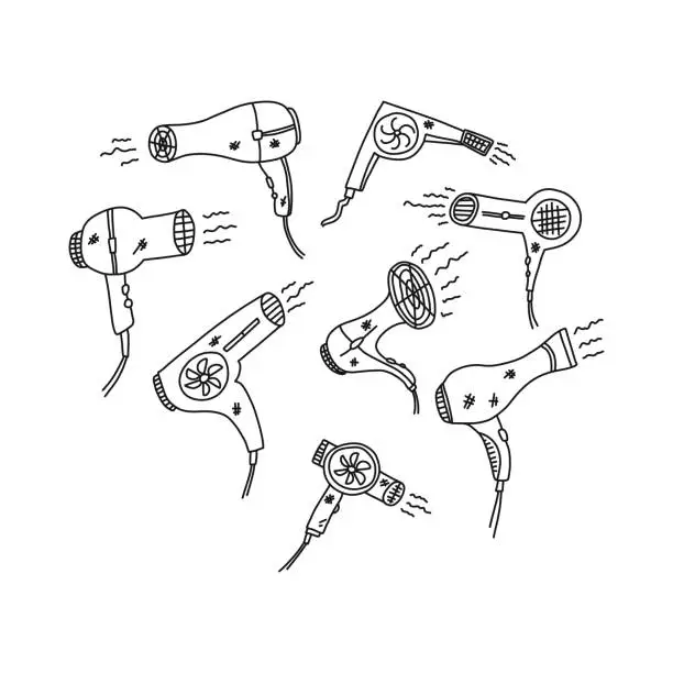 Vector illustration of banner hairdressing equipment, hair dryer sketch.