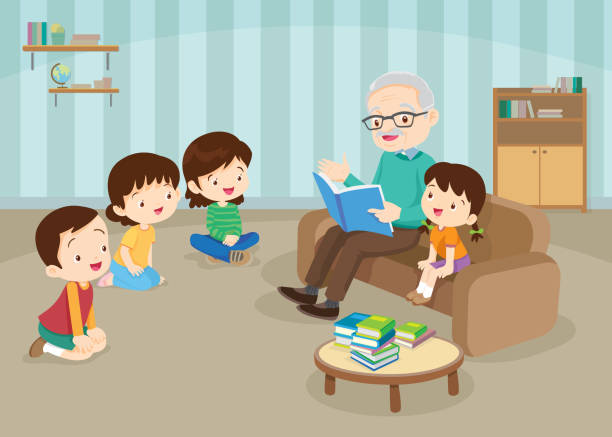 dziadkowie z wnukami czytający na kanapie - grandparent grandfather grandchild grandmother stock illustrations