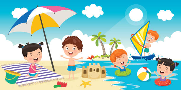 illustrazioni stock, clip art, cartoni animati e icone di tendenza di bambini piccoli che giocano in spiaggia - bambini spiaggia