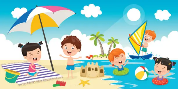 Vector illustration of Little Children Playing At Beach