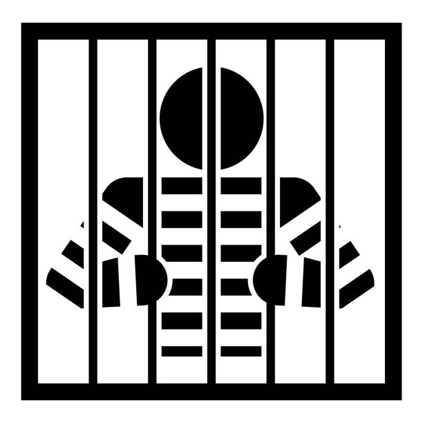 バーの後ろの囚人は、刑務所の投獄コンセプトアイコン黒色ベクトルイラストフラットスタイルの画像で格子を通して怒っている男の時計でロッドを保持します - lawbreaker点のイラスト素材／クリップアート素材／マンガ素材／アイコン素材