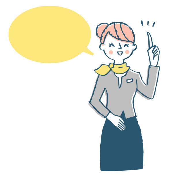 женщина объясняя с пузырем речи - concierge women business training stock illustrations