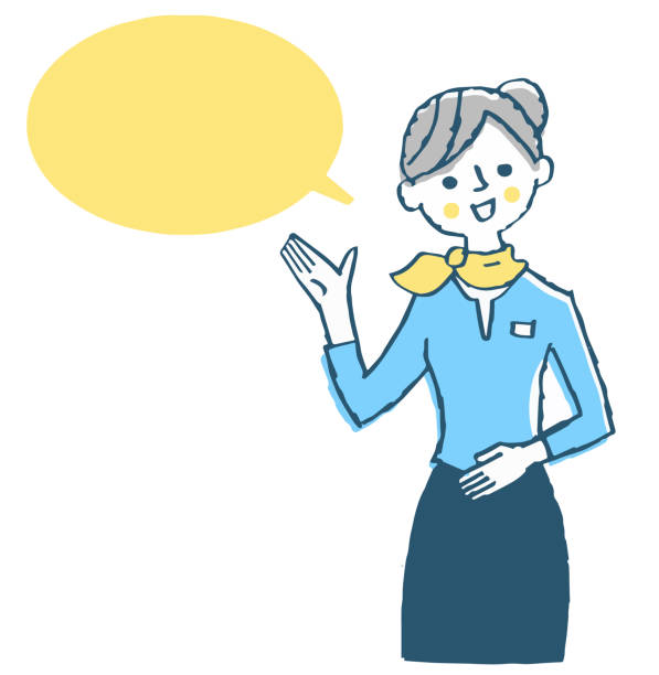 речевой пузырь с женщиной, объясняя жестом - concierge women business training stock illustrations