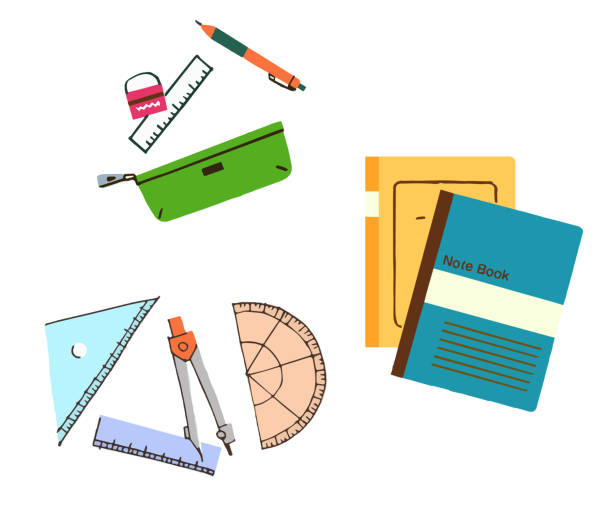 ilustrações de stock, clip art, desenhos animados e ícones de various sets for school supplies - education childhood school drawing compass