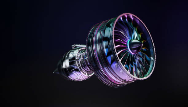 Airplane turbine Part of real airplane turbine on dark background, 3d illustration airplane part stock pictures, royalty-free photos & images