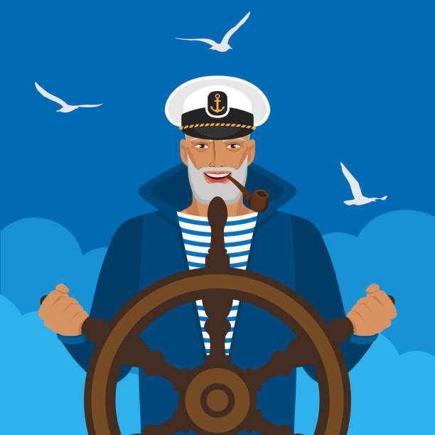 Sailor in a cap with pipe at helm of ship Sailor in a cap with pipe at helm of ship. Vector illustration wheel cap stock illustrations