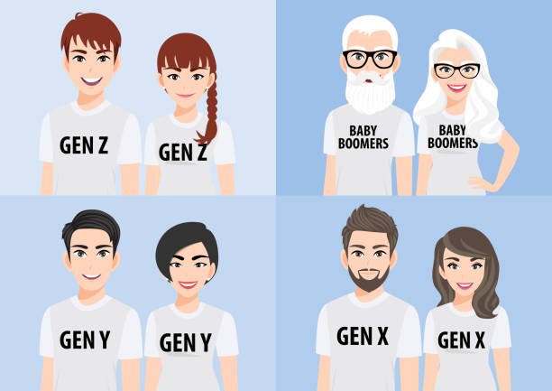 Cartoon character with generations concept. Baby boomers, generation x, generation y or millennial, generation z. Family people in white T-shirt casual on blue background, flat icon design vector Cartoon character with generations concept. Baby boomers, generation x, generation y or millennial, generation z. Family people in white T-shirt casual on blue background, flat icon design vector gen z stock illustrations