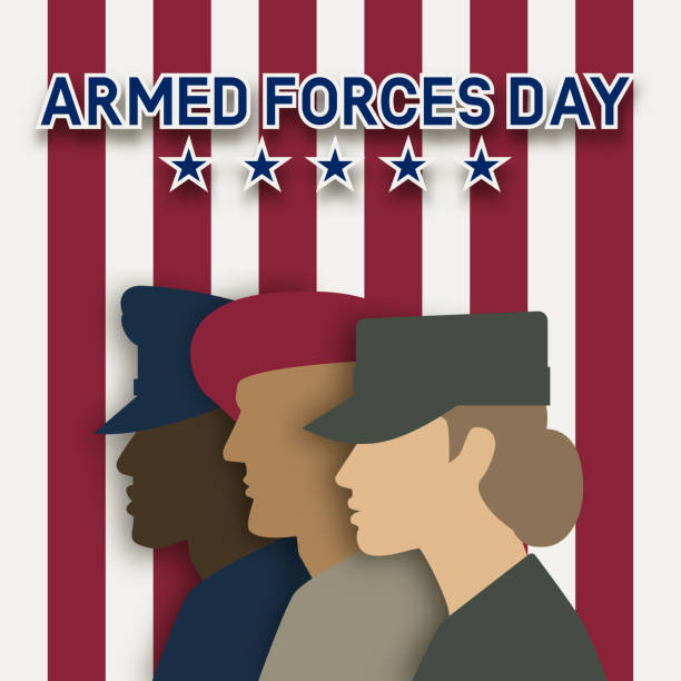 ilustrações de stock, clip art, desenhos animados e ícones de three uniformed soldiers on striped background. armed forces day card - national hero