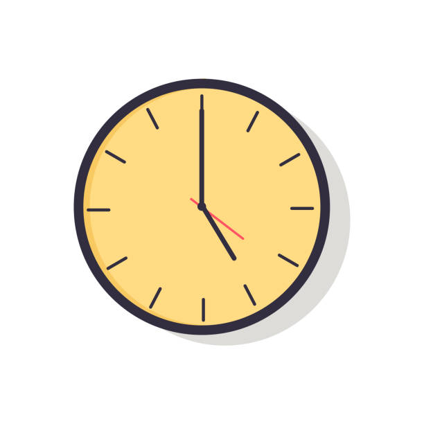 Yellow Clock Isolated on Vector Illustration Yellow clock with hands showing time with hours and minutes, image represented on vector illustration isolated on white background watch cartoon gold illustration and painting stock illustrations