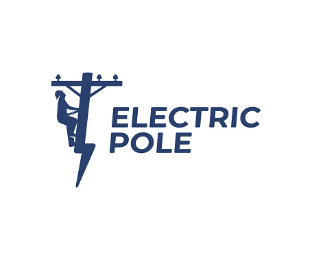 Power line repair design. Lineman and lightning bolt vector design. Lightning-shaped electric pole illustration