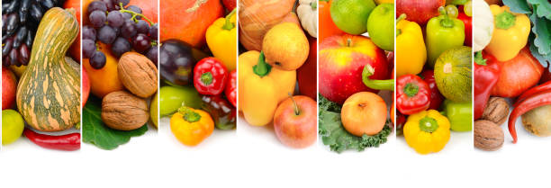 istock Panoramic collection fresh fruits and vegetables isolated on white background. Collage. 1191099454