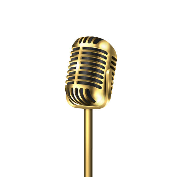 istock Vector 3d Realistic Steel Golden Retro Concert Vocal Microphone Icon Closeup Isolated on White Background. Design Template of Vintage Karaoke Metal Mic. Front view 1191111116