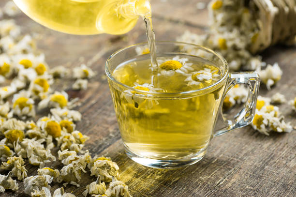 소박한 나무 배경에 건조 데이지 꽃과 주전자 카모마일 차의 유리 컵, 허브 약 뜨거운 음료 개념 - chamomile herbal tea chamomile plant tea 뉴스 사진 이미지