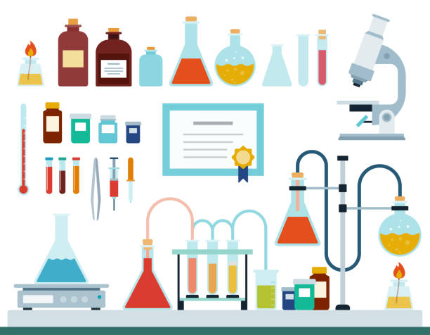 ilustraciones, imágenes clip art, dibujos animados e iconos de stock de conjunto de ilustraciones vectoriales planas del laboratorio médico. - laboratorio médico