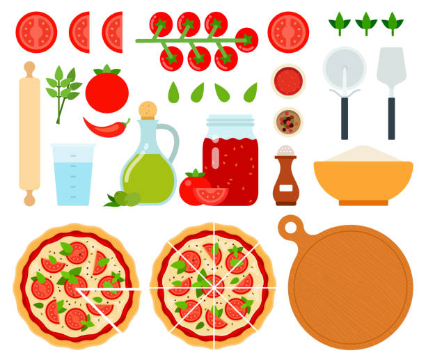 Set of Margarita Pizza icons flat vector illustration Set of Margarita Pizza icons flat vector illustration tomato slice stock illustrations
