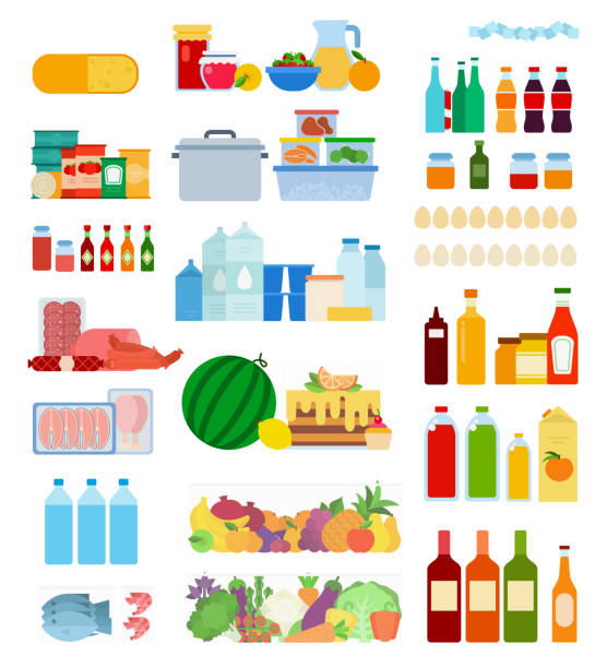 ilustraciones, imágenes clip art, dibujos animados e iconos de stock de conjunto de iconos inside refrigerator vector plano - prepared fish illustrations
