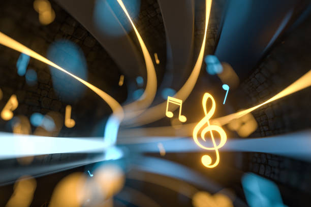 notas de música com fundo escuro, notas flutuantes, renderização 3d. - musical note treble clef music three dimensional shape - fotografias e filmes do acervo