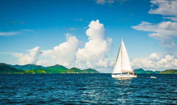 A single white sailboat cruises through the beautiful Caribbean waters off the island of Tortola under fair weather clouds.