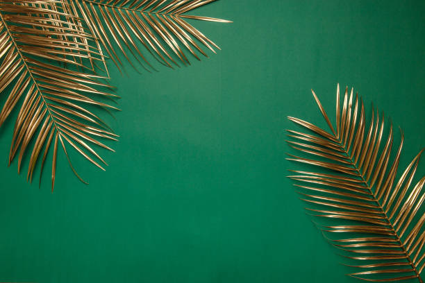 istock Gold tropical leaves on dark green paper backdrop 1191133888