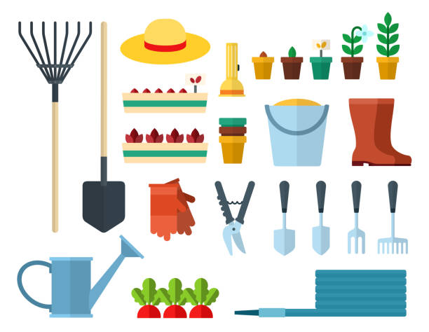 ilustrações de stock, clip art, desenhos animados e ícones de set of garden equipment icons flat vector - fork wrench