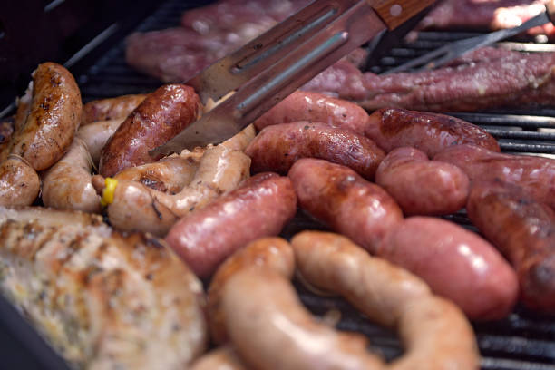 Closeup of a brazilian barbecue grill with various types of meat