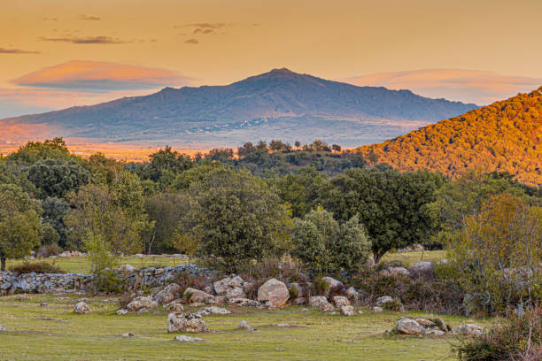 Sunset over the mountains of the Sierra de Guadarrama. madrid Spain. stock photo