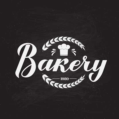 Bakery calligraphy hand lettering on chalkboard background. Bake shop round emblem logo design. Easy to edit vector template for bread house logo design, banner, poster, flyer, badge, sticker, etc.