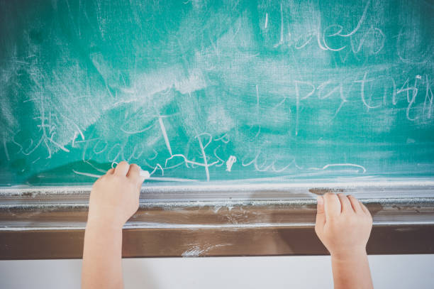 Chalk brush sitting in front of chalkboard.