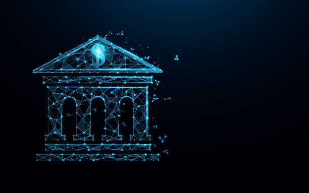 은행 건물 아이콘은 선, 삼각형 및 파티클 스타일 디자인을 형성합니다. 일러스트 벡터 - banking stock illustrations