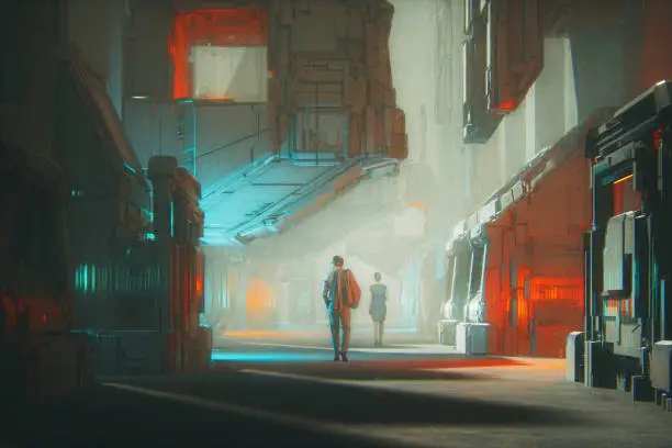 Lonely people walking in futuristic city street. This is entirely 3D generated image.