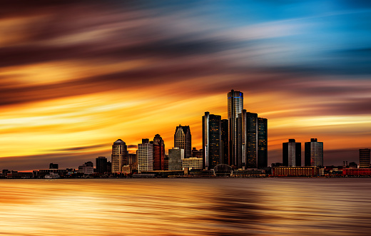 The Detroit skyline as seen from across the Detroit River, in Windsor, Ontario, Canada.