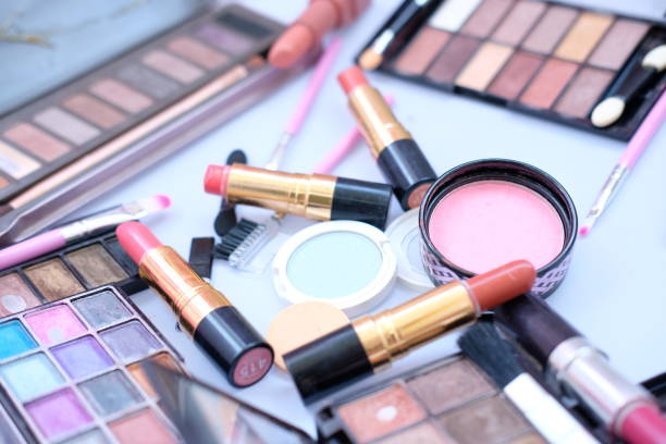 istock Top view makeup set and lipstick on white background 1191164579