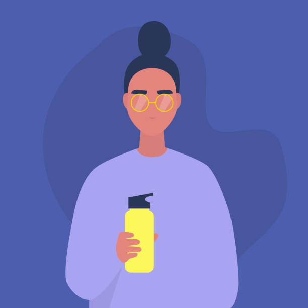 bildbanksillustrationer, clip art samt tecknat material och ikoner med ett porträtt av en ung kvinnlig karaktär dricksvatten från en återanvändbar kolv av metall, heathy eco vanor - water bottle cap