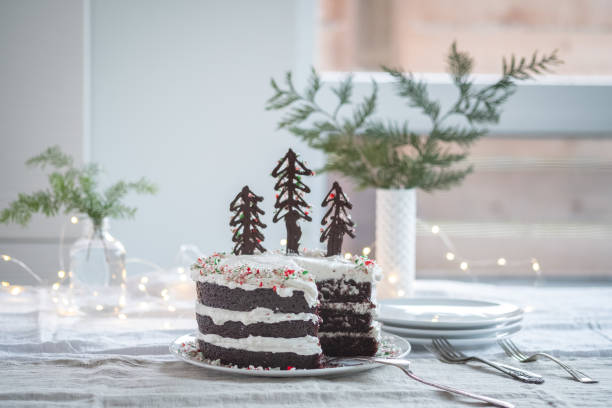 istock Vegan, Christmas Chocolate Cake Decorated with Chocolate Candy Cane Trees 1191176224
