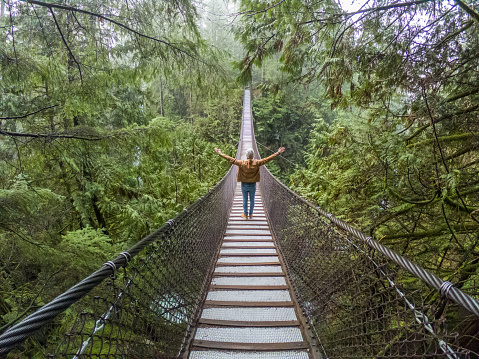 Man walking on suspension bridge crossing canyon in rainforest, river beside, Canada