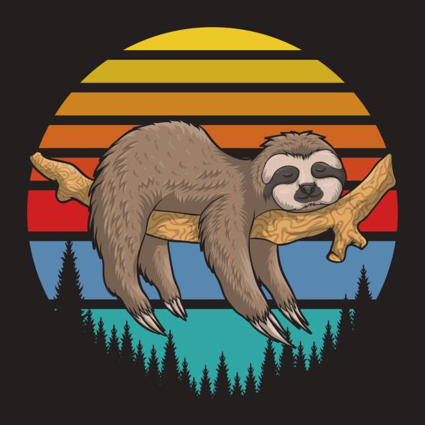ilustraciones, imágenes clip art, dibujos animados e iconos de stock de lazzy sloth retro ilustración vectorial de puesta de sol - pereza