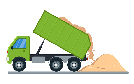 sand delivery by truck. rash of soil to the ground. flat vector illustration.