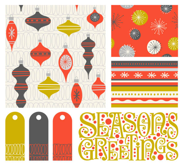 Set of new coordinating holiday seamless patterns, gift tags and design elements for gift wrap, cards and decoration. Simple flat retro style for Christmas and New Years. Set of new coordinating holiday seamless patterns, gift tags and design elements for gift wrap, cards and decoration. Simple flat retro style for Christmas and New Years. Vector illustration. mod stock illustrations