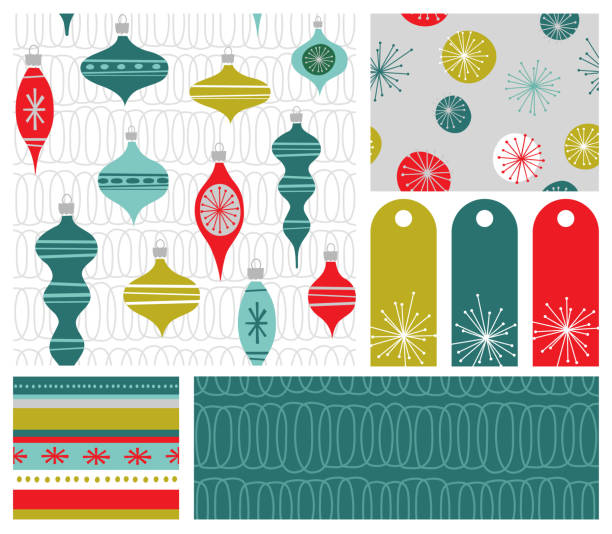 Set of new coordinating holiday seamless patterns, gift tags and design elements for gift wrap, cards and decoration. Simple flat retro style for Christmas and New Years. Vector illustration.