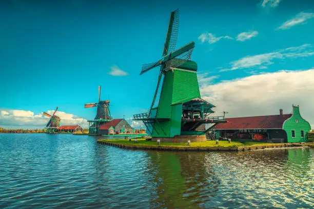 Photo of Popular old dutch windmills in Zaanse Schans village, Zaandam, Netherlands