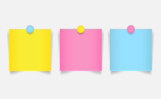 Post it colorful paper and pin vector illustration design.Yellow,pink,blue notepad pin on board for reminder worker at office.Space for announcement important notice.