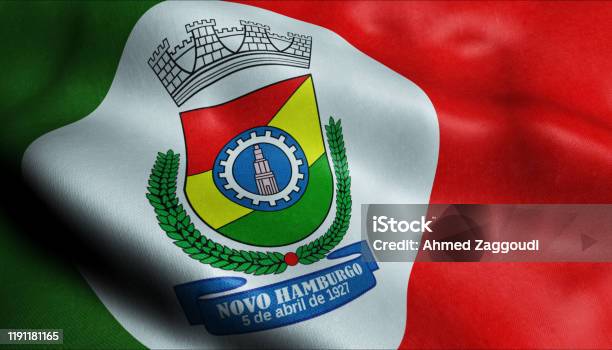 3d Waving Brazil City Flag Of Novo Hamburgo Closeup View Stock Photo - Download Image Now
